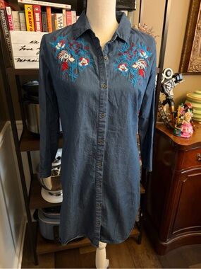 Tanzara Embroidered Denim-Style Button-Down Shirt Dress